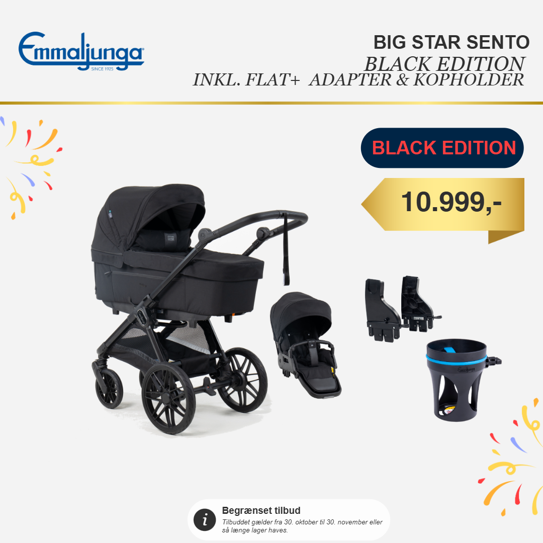 Emmaljunga Big Star SENTO BLACK EDITION inkl. Flat+ klapvognssæde, adapter og kopholder