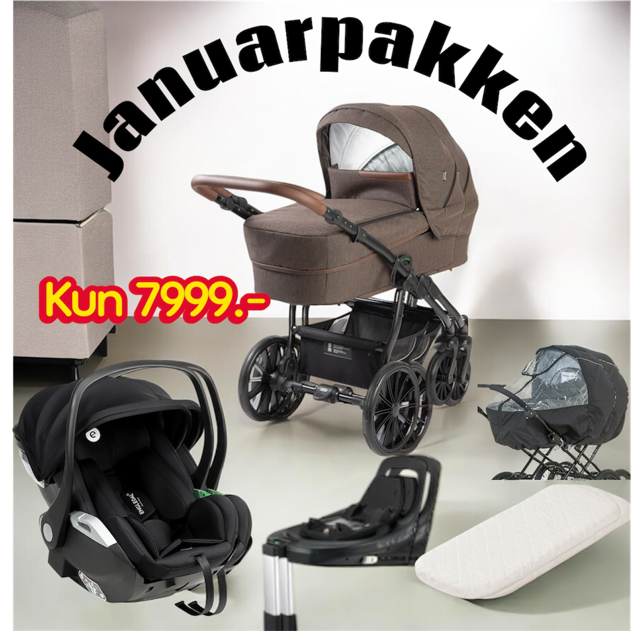 Trille Royal ( Chokolade) incl autostol, base, regnslag og madras - Levering Februar 2026