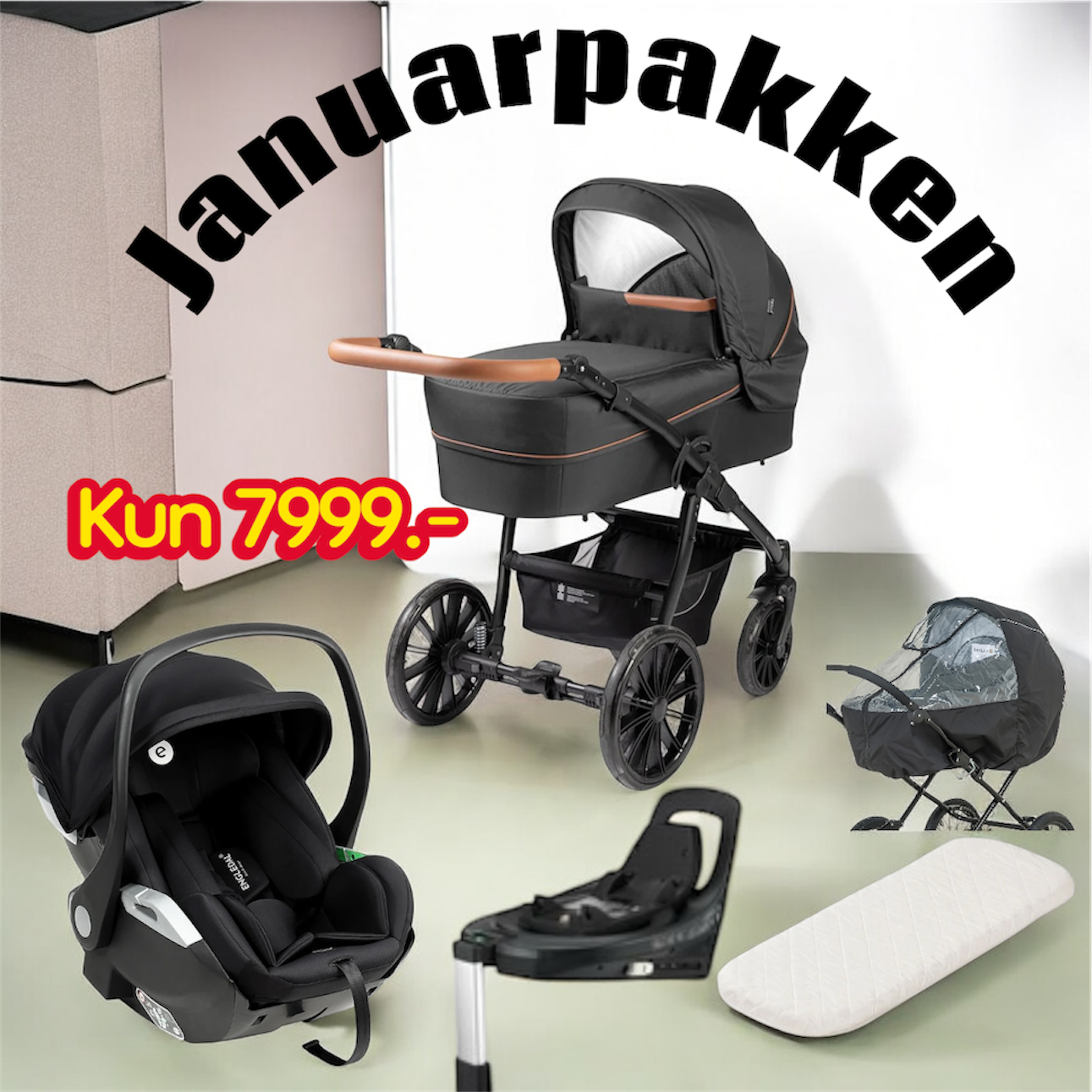 Trille Royal ( Sort Night) incl autostol, base, regnslag og madras