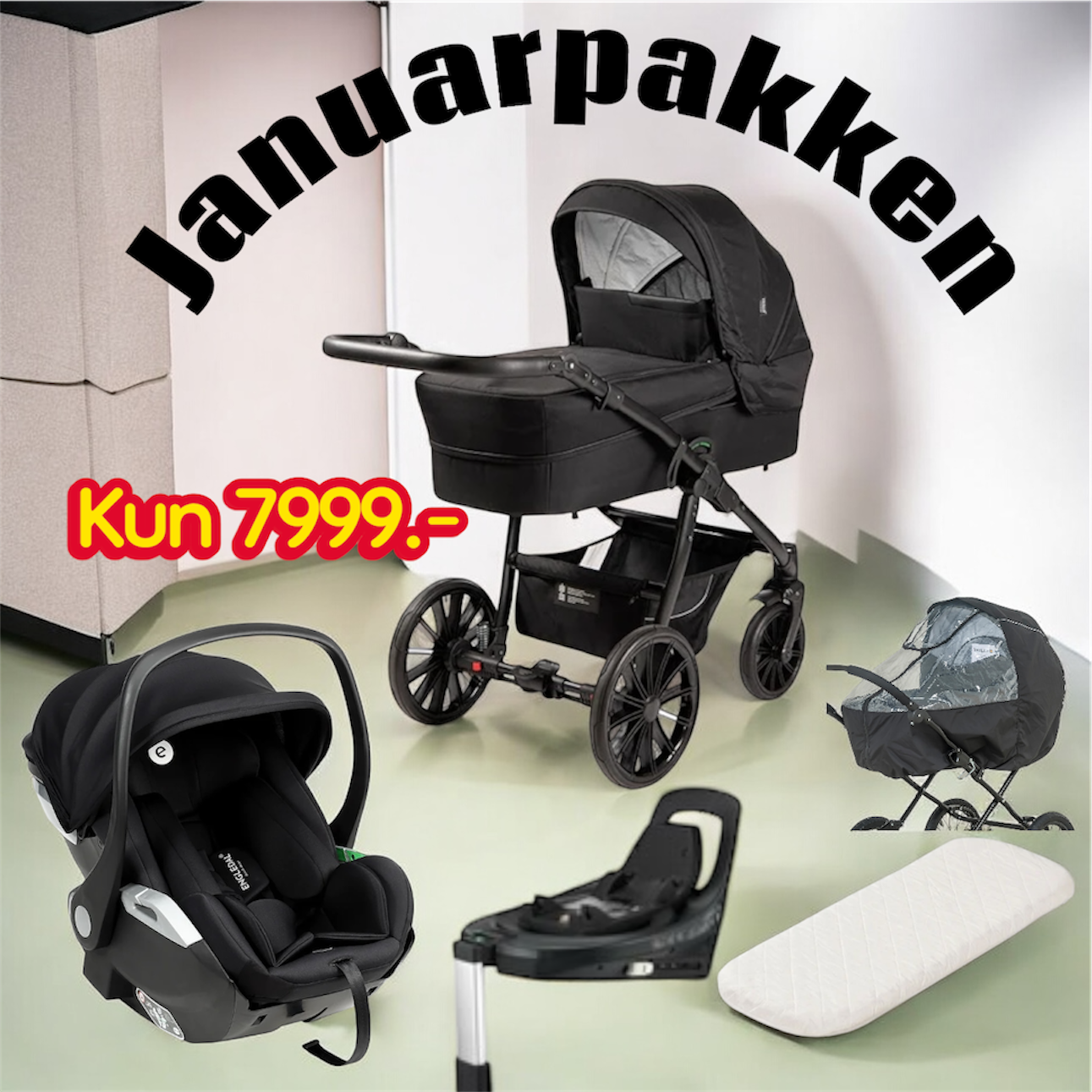 Trille Royal ( Sort ) incl autostol, base, regnslag og madras - Levering Februar 2026